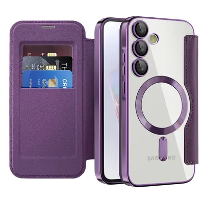 Produktbild von Klapphülle für Samsung Galaxy A35 Kompatibel mit Magsafe, Klar Überzug Kartenhalter Ledertasche mit Kameraschutz Lila