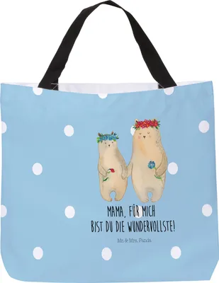 Produktbild von Mr. & Mrs. Panda Tote Bag Bären mit Blumenkranz - Blau Pastell - Geschenk, Familie, Tasche, Kinder, Strandtasche, Reisetasche, Tochter, Stoffbeutel, Lieblingsmensch, Mama