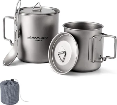 Produktbild von Odoland Titanium Camping Geschirrset mit Topf, Tasse, Gabel und Spork