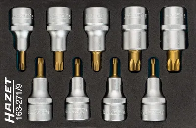 Immagine prodotto di HAZET 163-271/9 Set di chiavi a bussola ∙ TORX® ∙ Squadra cava da 1/2 pollice (12,5 mm) ∙ Profilo TORX® interno ∙ T20 - T60 ∙ Numero di utensili: 9