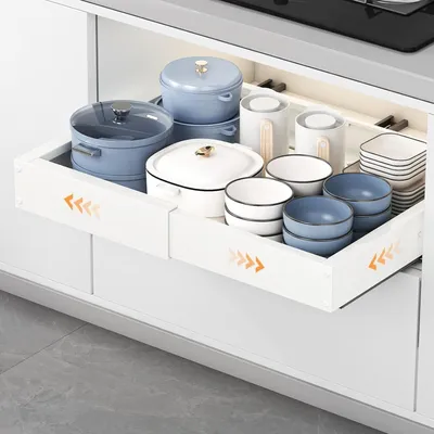 Produktbild von Küchenlade Organizer - Ausziehbar - Teleskopisch - Ohne Bohren - Unterbau - Weiße Küchen Organizer