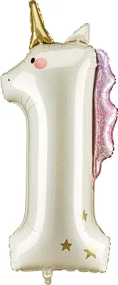 Image de Ballon en aluminium licorne avec les chiffres 1 à 93 cm - Blanc, or et rose