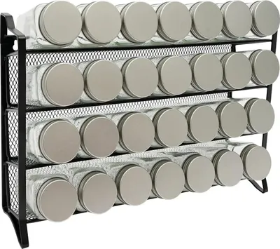 Immagine prodotto di Scaffale per spezie - Portaspezie da terra a 4 ripiani - 28 barattoli con etichette - Senza forature - Per mobili da cucina - Ferro - Nero
