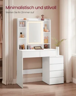 A white vanity table with a lighted mirror and shelves, displaying various cosmetic products.