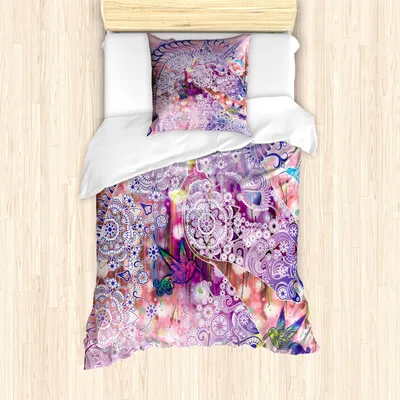 Obrázek produktu pro ABAKUHAUS Jednorožec povlečení, kouzelné fantazijní zvíře s květinovými ozdobami a ptáky, 135 x 200 cm + 80 x 80 cm, růžová fialová