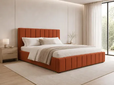 Produktbild von MOEBLO Polsterbett Bett 01 – Doppelbett mit Kopfstütze, Rahmenbettgestell, Bettkasten, Lattenrost und gepolstertem Kopfteil - 180x200 - Rust (TRINITY 25)