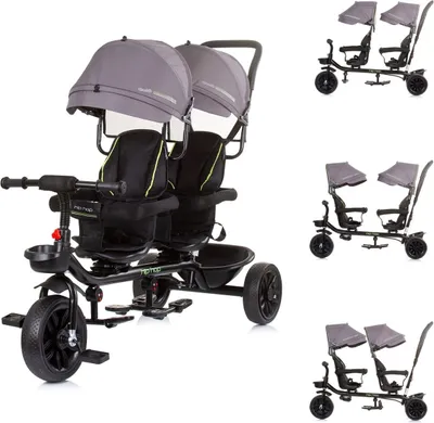 Obrázok produktu pre Babyshoppen súrodenecká trojkolka Hip Hop, rukoväť na tlačenie, sedadlá otočné o 360°, sivé popruhy