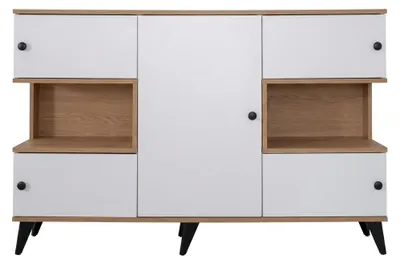 Immagine prodotto di Consolle in legno bianco con ripiani, mobile di design, arredamento per soggiorno