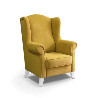 Produktbild von Ohrensessel LEONARDO Relax Sessel für Wohnzimmer, Polstersessel, Velours Gelb, Holzbeine Weiß