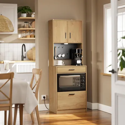 SoBuy Hochschrank FSB98-E-N in Küche mit Mikrowelle und Kaffeemaschine im skandinavischen Design