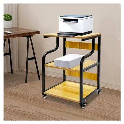 Produktbild von Druckerständer mit Rädern & 3 Ebenen - Rollender Druckertisch aus Stahl & Holz, Höhenverstellbar & 80kg Tragkraft, Ideal mit Bremsen für Homeoffice und Büro (Schwarz)
