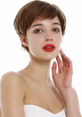 Produktbild von WIG ME UP Perücke Echthaar Damen Herren kurz Pixie wellig Scheitel braun DP-HH-10