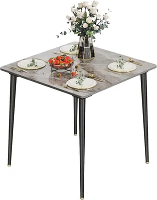 Imagen del producto de FATIVO, mesa de comedor con apariencia de mármol, 80x76 cm, mesa de cocina para 4 personas, mesa cuadrada con patas de metal antideslizantes, color gris claro