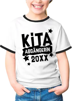 Produktbild von Kinder T-Shirt Mädchen Kita Abgängerin personalisiert mit Jahreszahl Abschied Kindergarten Geschenk Schulanfang Moonworks® Mädchen weiß-schwarz 110-116 (5-6 Jahre)