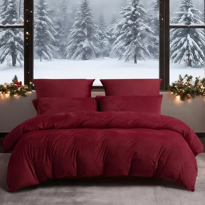 Immagine prodotto di Set di lenzuola invernali, 4 pezzi, 135x200 cm, bordeaux, in microfibra peluche, con cerniera