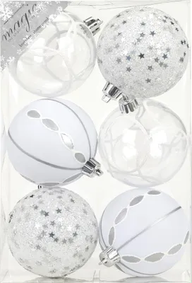 Produktbild von Weihnachtskugeln Dekorierte Kugeln Kunststoff 8cm 6er Set - Weiß Mix