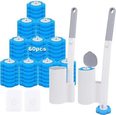 Zdjęcie produktu dla Jednorazowe szczotki do toalet z 60 sztukami wkładek czyszczących - Jednorazowa szczotka do toalet - środek czyszczący - Wydłużona rączka i uchwyt
