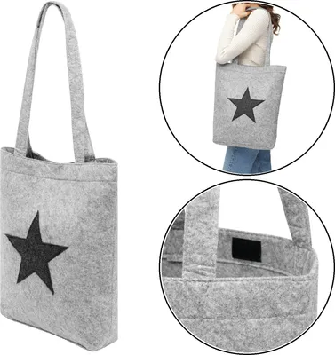 Produktbild von Einkaufstasche Filz Shopper groß mit Sternen – 30x8x41cm, Einkaufstasche lange Schultergurte stilvolle Filztasche klein