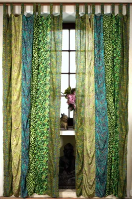 Produktbild von Boho Patchwork Vorhänge, 1 Paar Bohemia Gardine aus Sareestoff, Unikat 250 cm - Grün, Polyester, Dekovorhänge