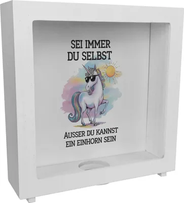 Produktbild von Einhorn mit Sonnenbrille Rahmen Spardose aus Holz Sei ein Einhorn