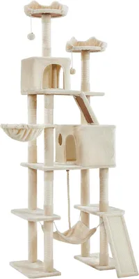 Produktbild von 209 cm Kratzbaum groß XXL Katzenbaum mit 8 Kratzsäulen beige |e Spanplatten | Mehrstöckig für Mehrkatzenhaushalte | mit Kippsicherung | mit Spielseil & 2 Kratzbrettern