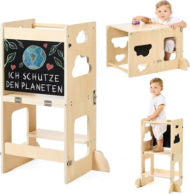 Imagen del producto de Torre de aprendizaje para niños a partir de 1 año, plegable con pizarra. Torre de aprendizaje Montessori 3 en 1: torre, mesa y silla. Altura ajustable, antideslizante, fabricada en madera de abedul. Ideal para la cocina infantil, soporta hasta 75 kg (madera natural)