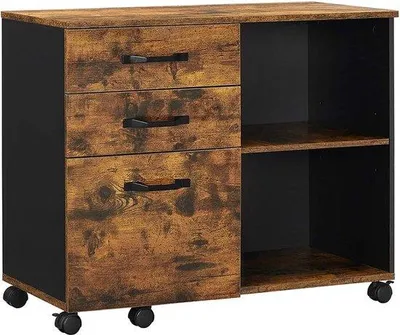 Image de Étagères de rangement à roulettes, 3 compartiments, en bois, marron et noir