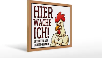 Produktbild von Holzschild Hahn / Huhn, Hier wache ich, 40 x 30 cm, Holzschilder Spruch Hühner Tier