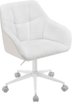 A white office chair with a bouclé seat and beige accents, shown on a white background.