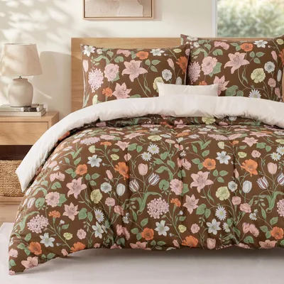 Produktbild von Bettwäsche-Set 135x200 cm Braun Mikrofaser Botanik-Druck 2-teilig