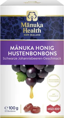 The image shows the front of a product box for Manuka Honey Cough Drops.