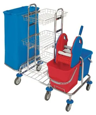 Produktbild von CleanSV® Reinigungswagen SpMid3 chrom mit Müllsackhalter, 3 Ablagen chrom, Presse, 2 x 20 Liter Eimer, 6 Räder, Gr. 121 x 68 x 105 cm