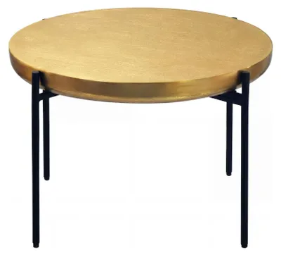 Couchtisch Rund Gold aus Aluminium mit goldener runder Tischplatte und schwarzem Eisengestell, Gesamtansicht.