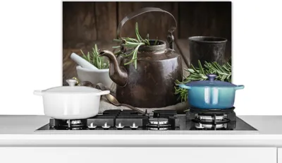 Produktbild von KitchenYeah®  Spritzschutz Küche - Küchenrückwand - Wandschutz für Herd und Spüle - Tee - Teekanne - Gewürze 60x40 - Alu-Dibond (Alternative zum Spritzschutz aus Glas) - Hitzebeständig - Herdspritzsch