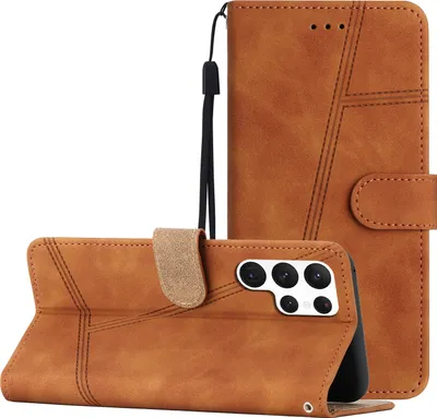 Produktbild von CLM-Tech Hülle kompatibel mit Samsung Galaxy S23 Ultra 5G - Tasche aus Kunstleder - Klapphülle mit Ständer und Kartenfächern, Kunstleder braun