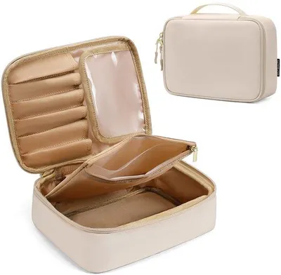 Produktbild von Kosmetiktasche Damen Reise Make Up Organizer Lederbeige
