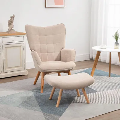 Image de Fauteuil club avec repose-pieds et revêtement en velours, dossier haut, pieds en bois de hêtre, dimensions : 72 x 80 x 101 cm, couleur beige