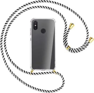 Produktbild von Handykette Backcover-Schutzhülle mit Band (Metall goldfarben) für Xiaomi Mi 8 / Mi 8 Pro - schwarz/weiß gestreift