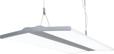 A modern LED pendant light hanging from thin wires against a white background.