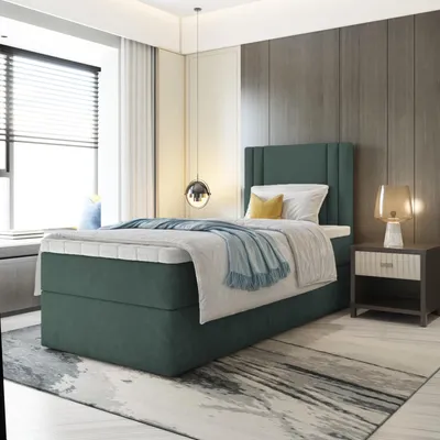 Produktbild von Bett, Boxspringbett, Continentalbett RALI MINI mit Bonell Matratze, T25 Topper, Einzelbett mit Container, H3 90x190 cm, [Grün - Itaka 10]