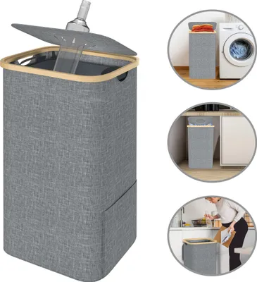 Produktbild von XMTECH Kolektor butelek depozytowych 100L Bambusowy organizer butelek depozytowych z torbą na butelki depozytowe Pojemnik na butelki depozytowe Kolektor pustych butelek Szary