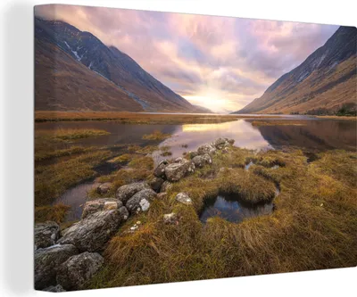 Produktbild von OneMillionCanvasses® - Leinwandbilder - 140x90 cm, Schottische Landschaft bei Sonnenuntergang, Wandbilder Kunstdruck Wanddekoration