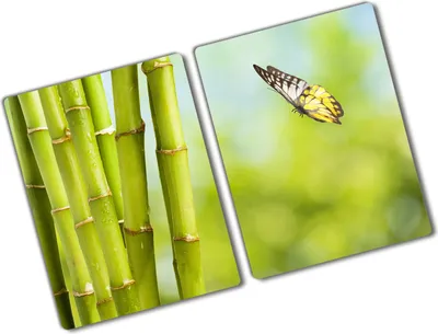 Produktbild von Tulup Glas Herdabdeckplatte - 2x40x52 cm - Glaskeramikkochfeld-Abdeckung Spritzschutz Glasabdeckplatte Kochplattenabdeckung und Schneidebrett - Zweiteilig - Blumen & Pflanzen - Bambus und Schmetterling - Grün