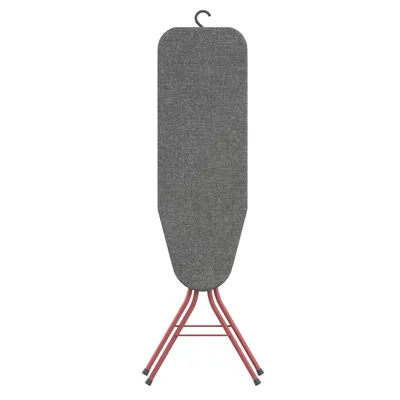 A freestanding ironing board with a gray fabric surface and rosé-colored metal legs, shown against a white background.