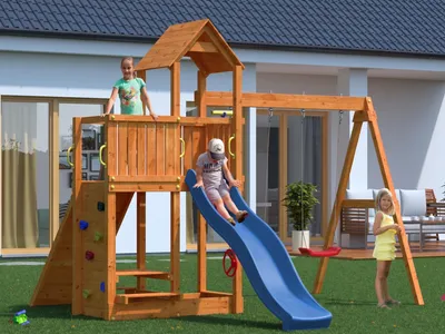 Produktbild von Spielturm Floppi teakfarben inkl. Doppelschaukel + Rutsche blau
