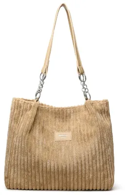 Imagen del producto de Bolso de mujer - Bolsa tipo "tote" de cuerda - Gran capacidad - Impermeable - Correa para el hombro con cadena metálica - Varios compartimentos interiores - Cierre con cremallera - Color caqui