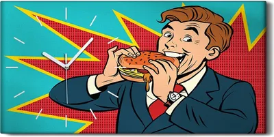 Produktbild von Wanduhr Leinwand Bild Uhr Kunstdruck 60x30 Foto Pop-Art Mann isst einen Burger - weiße Hände