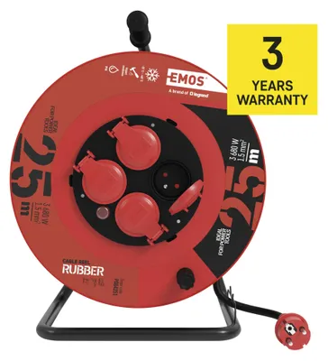 Venkovní prodlužovací kabel na bubnu 25 m / 4 zásuvky / černý / guma / 230 V / 1,5 mm2