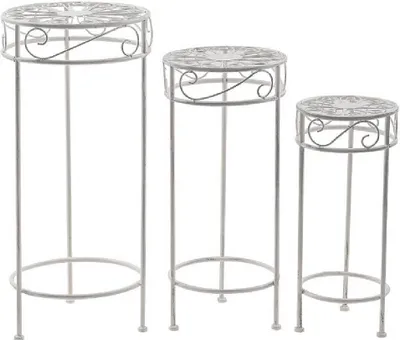 Produktbild von 3 tlg. Hocker-Set Blumenhocker Gartendeko Metall rund Pflanzenständer antik weiß