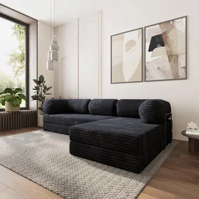 Produktbild von Masseno Ecksofa ETERA mit Metallgestell, Modulares Schlafsofa aus Schaumstoff, Klappbares Bodensofa, Schlaffunktion - Schwarz, TILIA 100